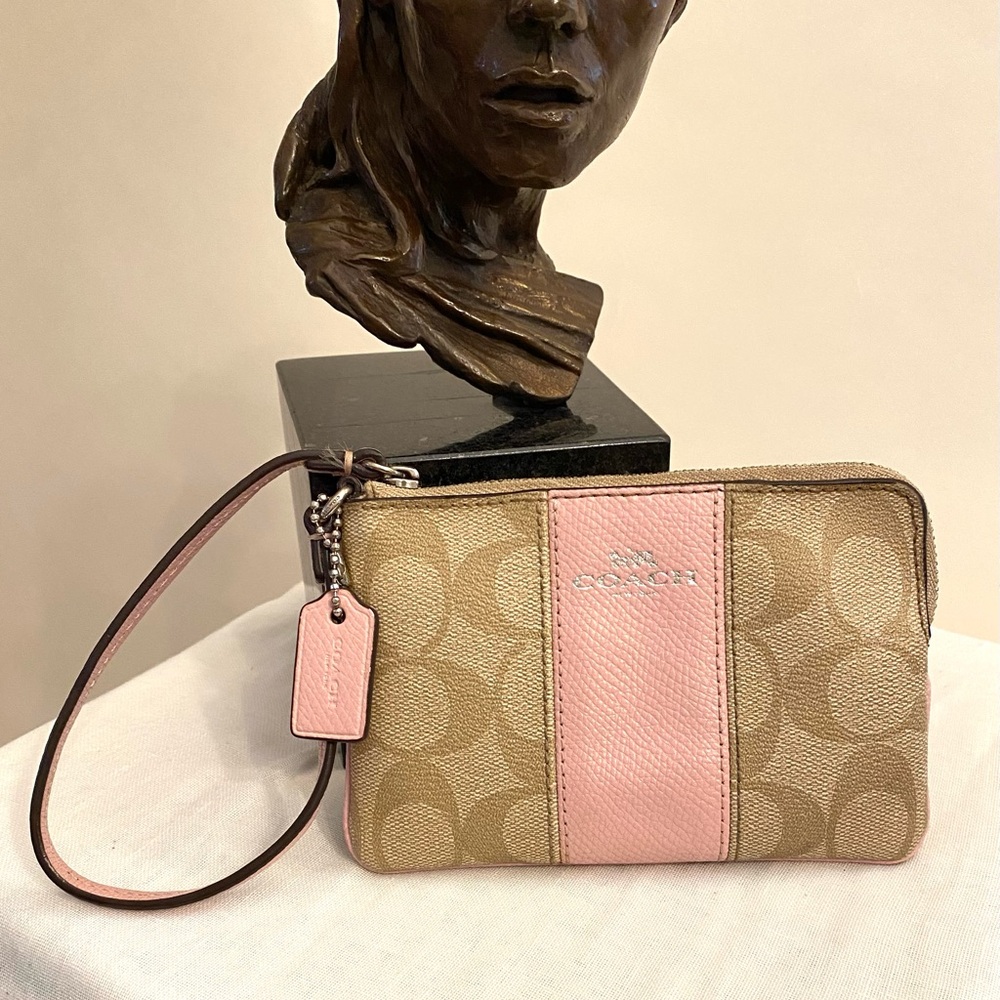 Coach Signature Pink and Tan Wristlet